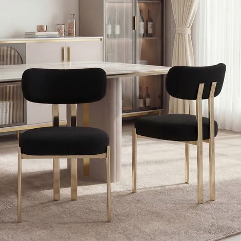 Wahson Lot de 2 chaises en velours noir – Pieds métal plaqué or – Confort optimal avec coussins en fausse fourrure – Dimensions 83x50x54.5cm, Noir