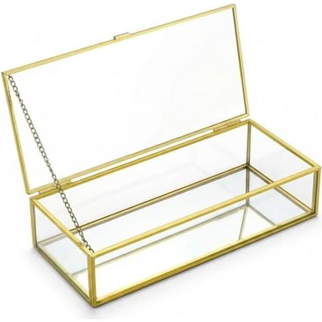 Boîte décorative vintage dorée, boite a bijoux transparente, boîte rectangulaire transparente, 23.3x10x5.3cm, pour organisateur de bijoux (1/4)