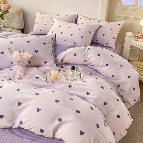 Housse de Couette 220x240 Amour Violet Parure de lit 2 Personne en Microfibre avec Fermeture Éclair Réversible Sets de Housse Couette avec 2 Taie d'oreiller 65 x 65cm pour Filles Enfants (1/5)