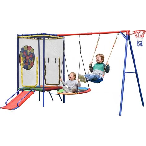Ensemble de balançoires et toboggan multifonctionnel pour enfants, avec trampoline, balançoire, toboggan et panier de basket – Aire de jeux multifonctionnelle pour jardin, avec filet de sécurité, bala (1/5)