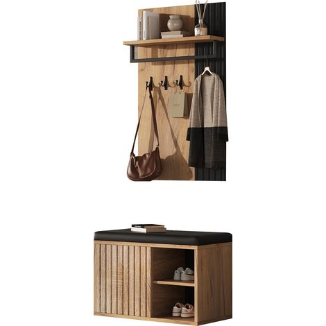 ELVMI Mobile da Ingresso con 2 Ante, 3 Ganci e Panca Portascarpe Imbottita per Corridoio in Pannello di Particelle 70 × 36 × 146 cm Nero e Naturale (1/5)