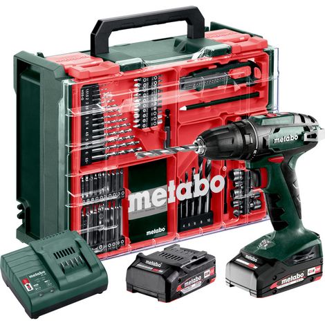 Metabo – Perceuse-visseuse sans fil 18V avec 2 batteries 2.0Ah – Couple 48Nm – Mandrin à serrage rapide – Coffret 74 accessoires