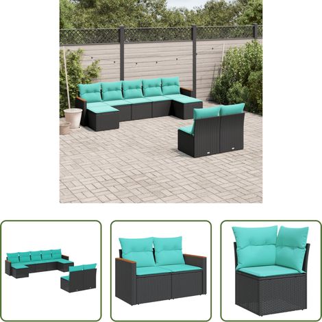 Gartenmöbel -  9-teiliges Gartensofa-Set mit Kissen, schwarzes Polyrattan (1/5)