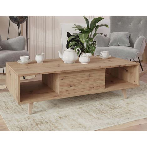 Bestmobilier – Table basse rectangulaire 120 cm – Effet bois MDF – Style scandinave – 1 tiroir et 2 niches de rangement – Résistante aux rayures