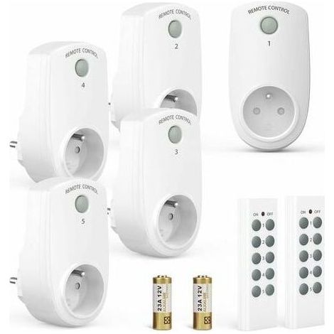 Lot de 5 prises télécommandées sans fil – Portée 30m – 2 télécommandes incluses – Interrupteur on/off – Boîtier en ABS (1/5)