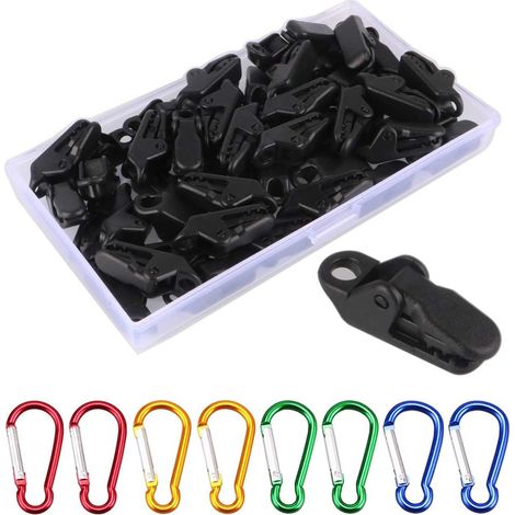 Pack of 50 Tarp and Tent Clips, Plastic Clips for Camping, Hiking and Travel + 8 Locking Carabiners