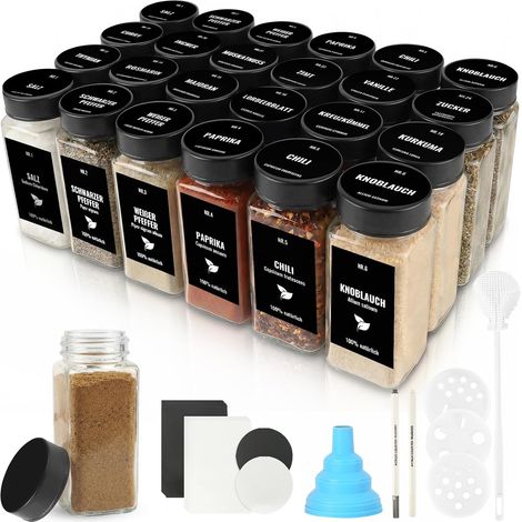 24 Pièces Pot Epices Verre Carré 120ml Bocaux à Épices avec Couvercle en Acier Inoxydable, Rangement pour Epices de Cuisine, Convient pour Le Camping (Noir) (1/5)