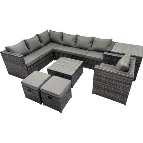 Fimous Rattan Garden Furniture Patio Furniture Sets with Corner Sofa Chair Square Coffee Table Side Table 2 Small Footstools Dark Grey Mixed (1/5)