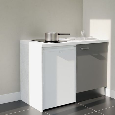 Kitchenette K08L-PT - 120 cm - plan stratifié, évier inox, - Façade Gris - Plan Blanc - Crédences Non + Electroménager inclus coloris Blanc