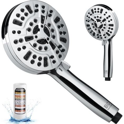 Pommeau de douche double face ionique XL - 10 types de jets - Antibactérien - Anti-calcaire - Économie d'eau - Douchette haute pression - Chrome (1/5)