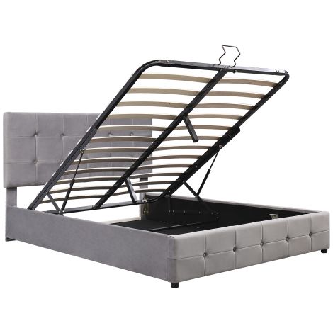 Lit coffre double 140X200, lit rembourré avec espace de rangement relevable hydrauliquement, tête de lit rembourrée réglable en hauteur, sommier à lattes métalliques, tissu velours doux ,Gris (1/5)