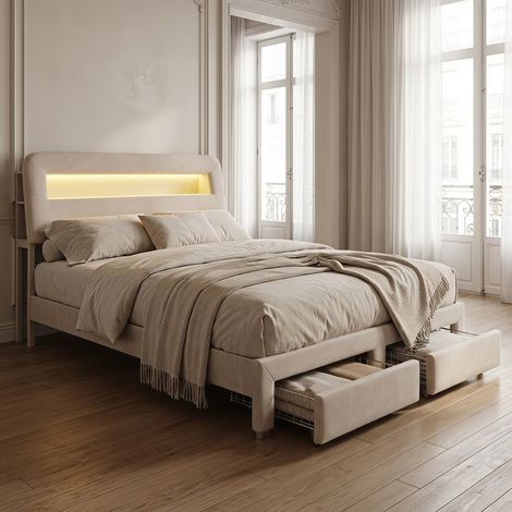 Lit double 160x200 cm avec 2 tiroirs, Tête de lit avec prise USB Type-C et LED, étagères latérales, velours, Beige (1/5)