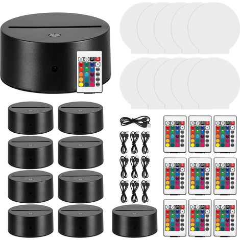 10pcs Base de Lampe LED 3D avec Panneaux en Acrylique Transparent, Coloré Lumière avec télécommande et câble USB, affichage 16 couleurs pour décoration de bar, café, boutique (Rond) (1/5)