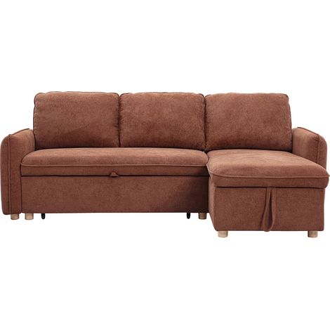 Ecksofa mit Schlaffunktion, umkehrbar, mit Stauraum, 3 Sitzer in Textur-Velours-Effekt gebrannte Erde und hellem Holz ORSO (1/5)