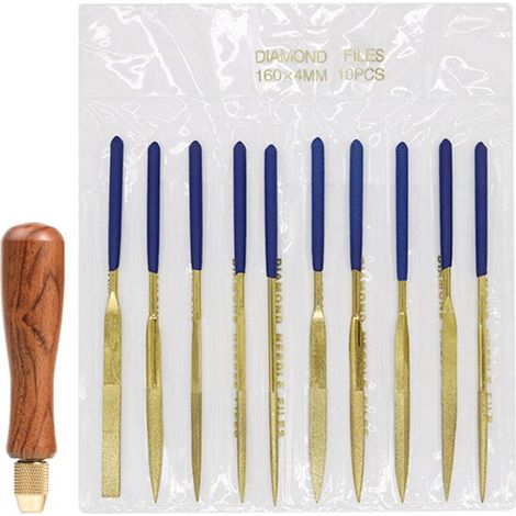 Ensemble de 10 limes diamantées plaquées titane doré avec manches en bois de rose, kit de râpe à main pour le travail du bois, du métal et du plastique (1/5)