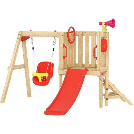 Outsunny columpio y tobogán infantil 5 en 1 parque infantil exterior de madera con columpio, tobogán, volante, bocina, teléfono para 18-48 meses, rojo