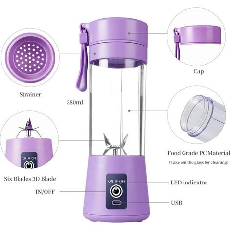 Spremiagrumi portatile, frullatore elettrico USB, mini frullatore portatile per frullati e smoothie, frullatore per succhi da 380 ml con sei lame, ideale per frullare (1/3)