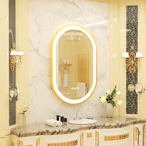 Luvodi – Miroir lumineux de salle de bain ovale 80x50cm – Anti-buée avec 3 couleurs LED – Interrupteur tactile et fonction mémoire – Cadre doré (1/5)