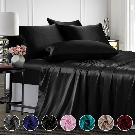Satinbettwäsche, Seidenbettwäsche, schwarzes Queensize-Bettwäscheset, Spannbettlaken mit tiefen Taschen, 4-teilig (1/5)