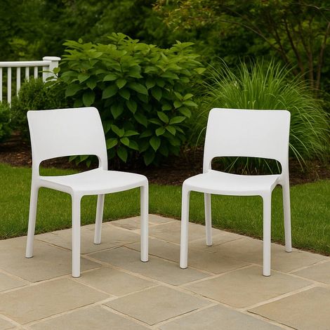 Dmora - Conjunto de 2 sillas de exterior Ancona, Asiento de jardín, Para interior o exterior, Apilable, Fabricado en Italia, 47x53 h82 cm, Blanco (1/4)