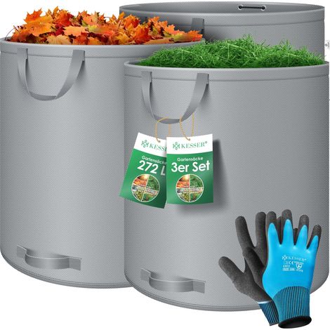 KESSER® Gartensack Set Laubsack Gartenabfallsack inkl. Handschuhe - Selbststehend 4 Griffe Stabil Robust & Faltbar - Laubsäcke Rasenschnitt Gartensäcke Grau / 3x 272 Liter