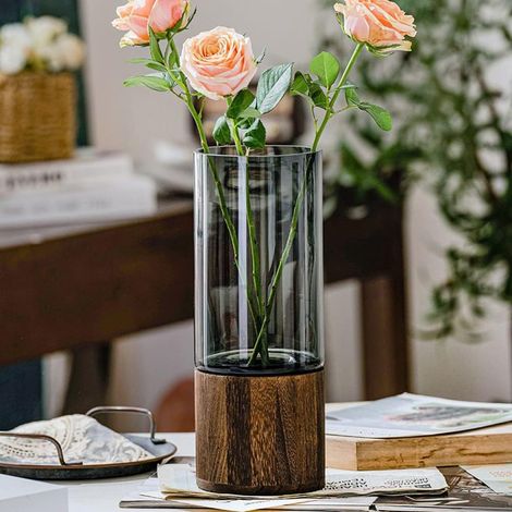 Vase à fleurs moderne en verre JeiibrZui - Design cylindrique - Hauteur : 31 cm - Ensemble de 2 pièces avec socle en bois - Transparent comme du cristal - Idéal pour le salon, le bureau et comme cadea (1/5)