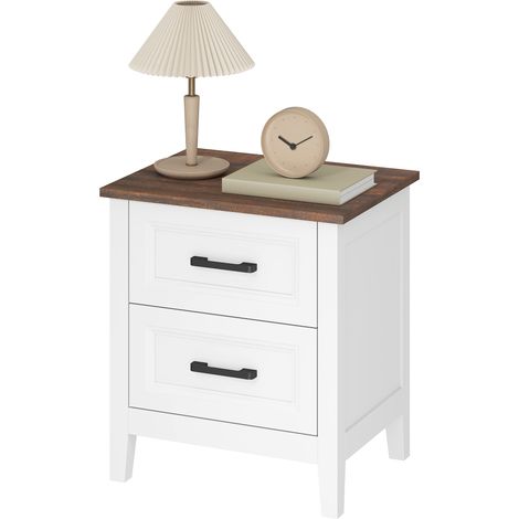 Table de chevet à 2 tiroirs, aspect bois, style rustique, pour chambre et salon, blanche