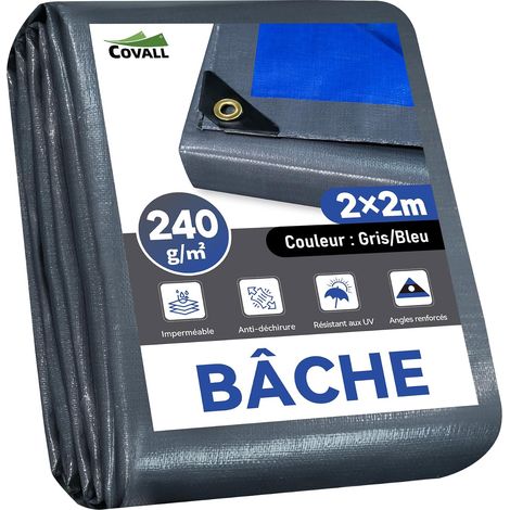 Bâche renforcée 2mx2m,240g/㎡ imperméable,résistante aux UV,Gris/Bleu (1/5)