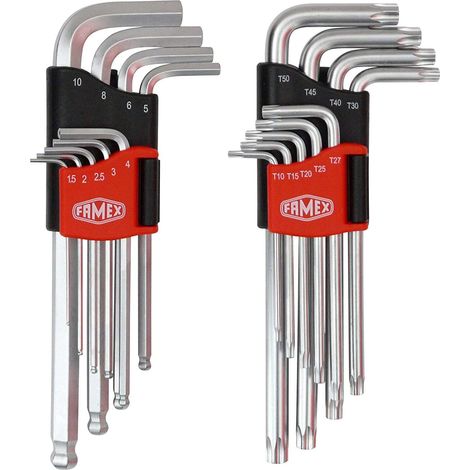 Jeu de clés mâles TORX et 6 pans coudées 18 pièces – Acier chrome vanadium – Tailles 1,5 à 10 mm et T-10 à T-50 – Support plastique inclus – Famex (1/2)
