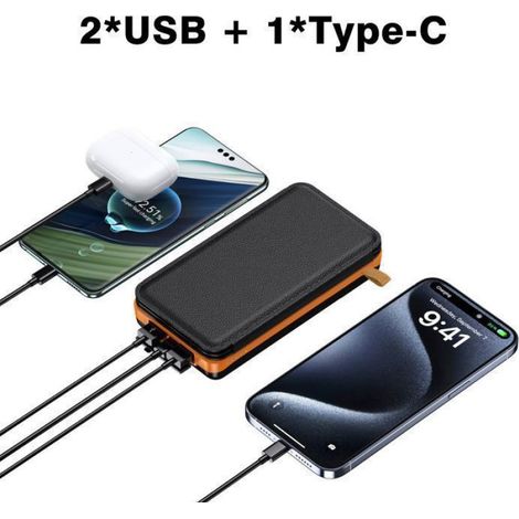 Batterie Externe Solaire 24000mAh – Powerbank Antichoc avec Panneau Solaire Intégré, 3 Sorties USB (Type-C) Charge Rapide Lampe LED (1/5)
