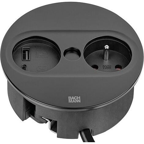 Bachmann TWIST 2 prise de table, 1x UTE, 1xUSB-A/-C Charger, noir mat, ronde, France (1/3)