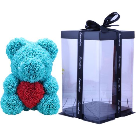 Blauer und roter Herz-Rosen-Teddybär mit Geschenkbox, künstlichen Blüten aus PE-Schaumstoff, ewige Rosen-Teddybär für Hochzeit, Muttertag, Jahrestag (1/2)