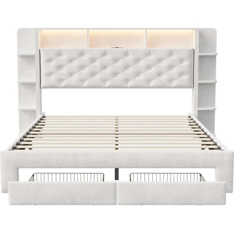 Letto dal design moderno e minimalista, con vani portaoggetti e funzione di carico, colore bianco, 160×200 cm. (1/2)