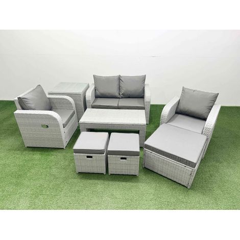 Fimous Light Grey PE Wicker Rattan Garden Furniture Set Sofa Set Reclining Adjustable Chair Oblong Coffee Table 7 Seater 3 Stools Side Table (1/4)