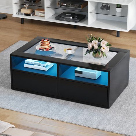 Couchtisch 100x50x35 cm Schwarz Glas und Spanplatte mit LED-Beleuchtung, 2 Schubladen und offenem Stauraum (1/5)