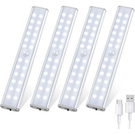 Lampe de Placard 4 Pcs 96 LED, Lampe Led Détecteur de Mouvement 3 Modes d’Éclairage, Lampe LED Rechargeable, Reglette Led Cuisine Sans Fil, Lumiere Led Veilleuse pour Armoires/Couloirs/Garage (1/5)