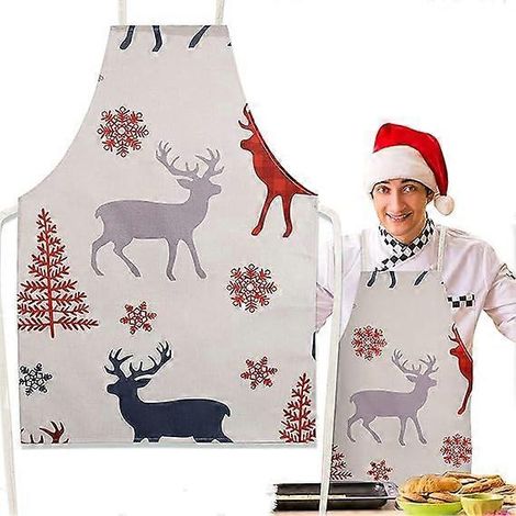 Tablier de cuisine de Noël blanc, tablier de Noël original et classique en lin avec motif renne, sapin et flocon de neige, tour de cou ajustable, cadeau, décoration pour la cuisine ou une fête (1/5)