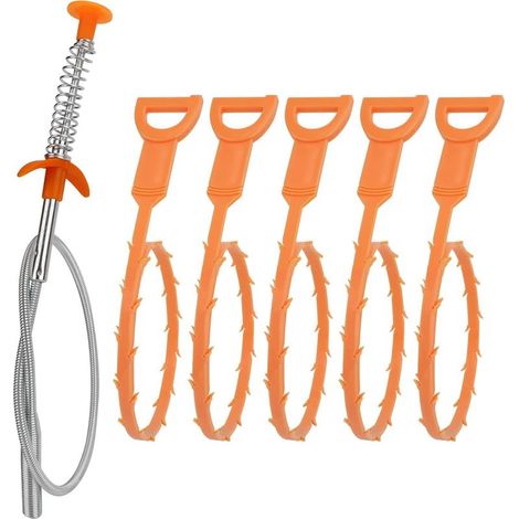 Juego de 6 herramientas de limpieza de desagües con resorte: herramienta para limpiar desagües de fregaderos de cocina, duchas y alcantarillas. (1/5)