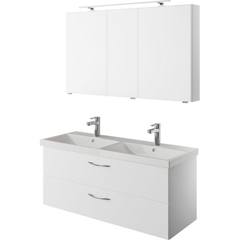 Doppelwaschplatz Set in weiß Glanz mit Spiegelschrank und LED Beleuchtung VILLATORO-66, B/H/T ca. 120/200/45 cm (1/5)