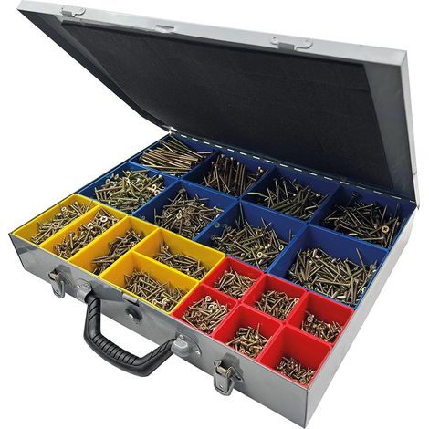 Coffret de vis à tête fraisée 3400 pcs – Acier zingué jaune passivé – Tailles assorties 3x12 à 6x100 mm – Pour fixation bois dur – Fixman (1/8)