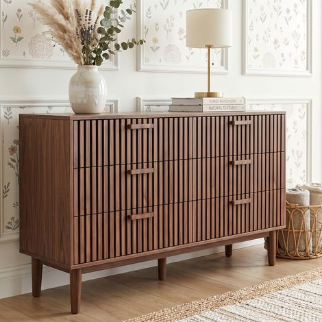 Commode Bois avec 6 Tiroirs 100 cm - Commode de Chambre Poignées et pieds en bois – Style scandinave, Marron