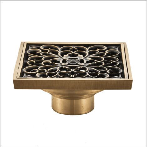 Drain de Plancher de Salle de Bain en Laiton - Anciennes Drain de Douche Carré Unique Fleur Sculptée pour Toilettes Jardin 10 10CM (1/5)