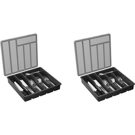 2X Organisateur D'Argenterie avec Couvercle, Plateau à Ustensiles Couvert pour Tiroir et Comptoir de Cuisine, Couverts et Couverts en Plastique Noir (1/4)
