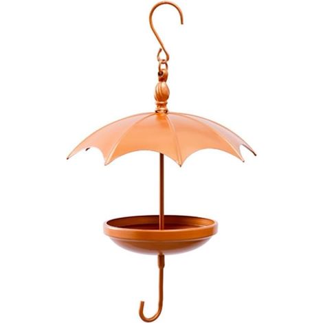 Mangeoire à oiseaux en forme de parapluie en métal à suspendre - Résistante aux intempéries - Facile à nettoyer - Pour terrasse, cour, allée, observation des oiseaux - En fer marron (1/5)