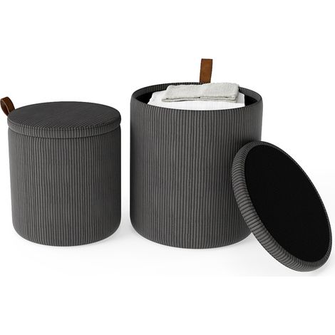 COSTWAY Round Ottoman Set of 2 Nesting Upholstered Vanity Stools-Grey (1/5)
