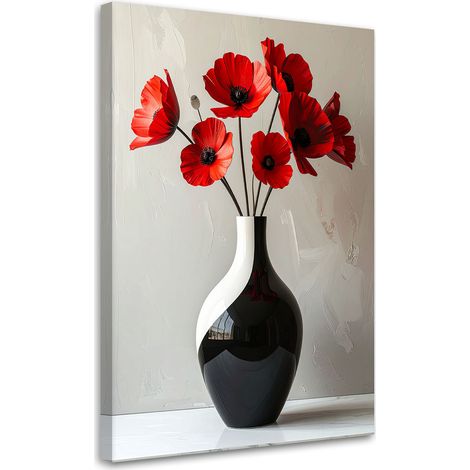 Quadro su tela, Fiori rossi in un vaso di ceramica nera. - 40x60 (1/2)