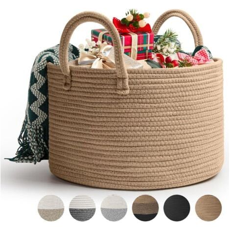 Corbeille à Linge en Coton Tissé D40 x H25 CM Panier de Rangement en Corde de Coton 32L Pliage Grande Capacité Corbeilles à Linge Avec Anse Convient à la Décoration Intérieure(Jute) (1/5)