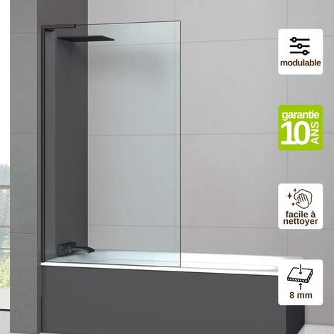 Pare-baignoire Fixe en Verre Trempé 8 mm Transparent Anti-calcaire - L100H147 cm - profilé noir mat - Mont Blanc E SUPERBAN (1/4)