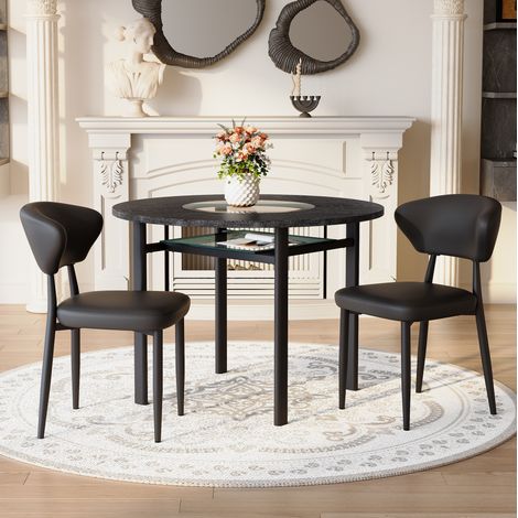 Ensemble repas minimaliste rond avec table noire effet bois 100 cm et 2 chaises PU (1/5)