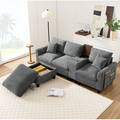 Sofá esquinero modular de pana gris con consola, puertos USB y portavasos HAVRYA (1/5)